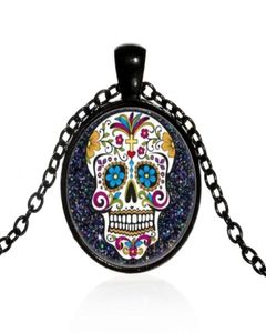 Colliers pendants Mexican Sugar Skull Day of the Dead Collier Black Chain Skeleton Glass Bijoux Classic XL15265710281645167