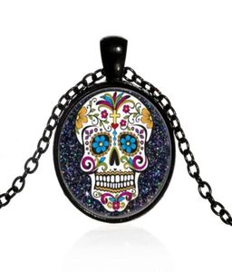 Colliers pendants Mexican Sugar Skull Day of the Dead Collier Black Chain Skeleton Glass Bijoux Classic XL15265710288269267
