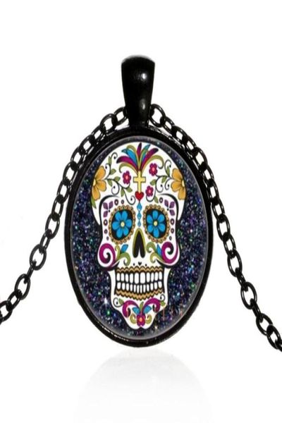 Pendentif Colliers Mexicain Sucre Crâne Jour Des Morts Collier Chaîne Noire Squelette Verre Bijoux Classique XL15265710285412190