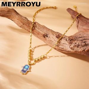 Collares colgantes MEYRROYU Hamsa Mano Azul Oscuro Esmalte Collar Moda Zircon Inlay Lucky Cuello Cadena Accesorios de joyería para mujeres