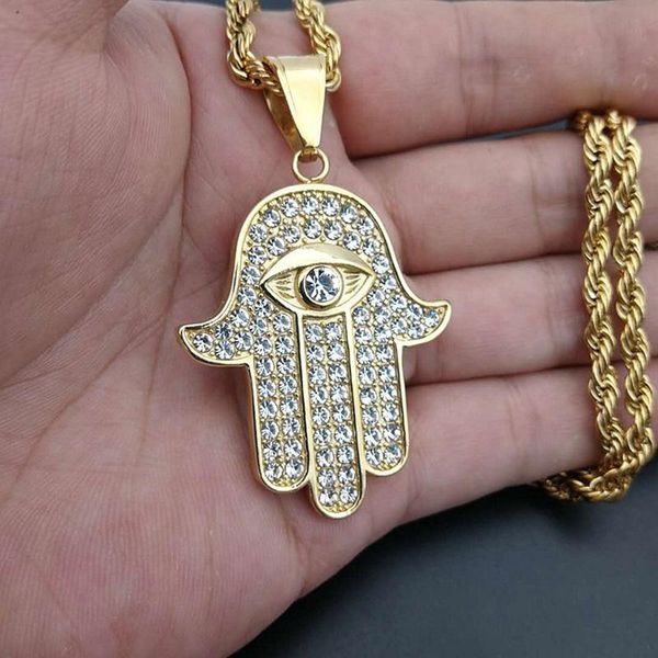 Pendentif Colliers Micro Pavé CZ Pierre Or Fatima Main Islam Amulette Collier En Acier Inoxydable 316L Hommes Bling Glacé Hip Hop BijouxPendentif