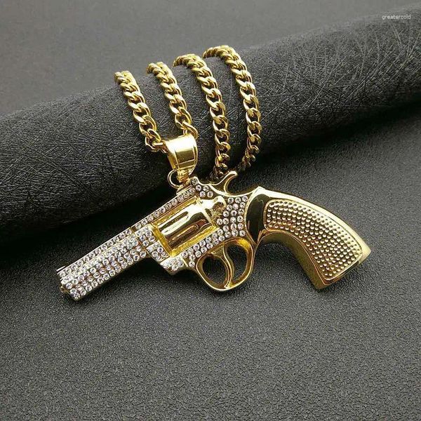 Pendentif Colliers Micro Pavé CZ Pierre Glacé Bling Big Revolver Gun Collier 316L En Acier Inoxydable Hommes Hip Hop Rock Bijoux