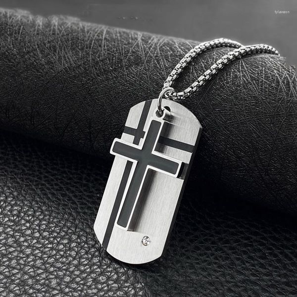 Pendentif Colliers Style Militaire Mat Dog Tag Strass En Acier Inoxydable Collier Ras Du Cou Croix Argent Couleur Religieux Chrétien Bijoux