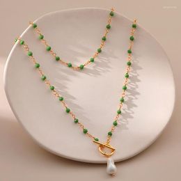 Pendentif Colliers Minar 18K véritable plaqué or en laiton vert couleur cristal irrégulier baroque perle brin OT fermoir long pour les femmes