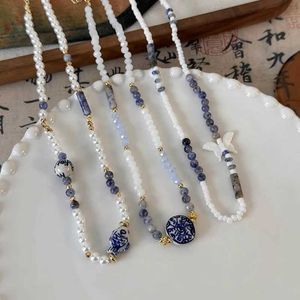 Hanger kettingen minar Chinese stijl blauwe en witte porselein keramische parelbloem munt vissen vlinder streng kralen chokers kettingen voor vrouwen