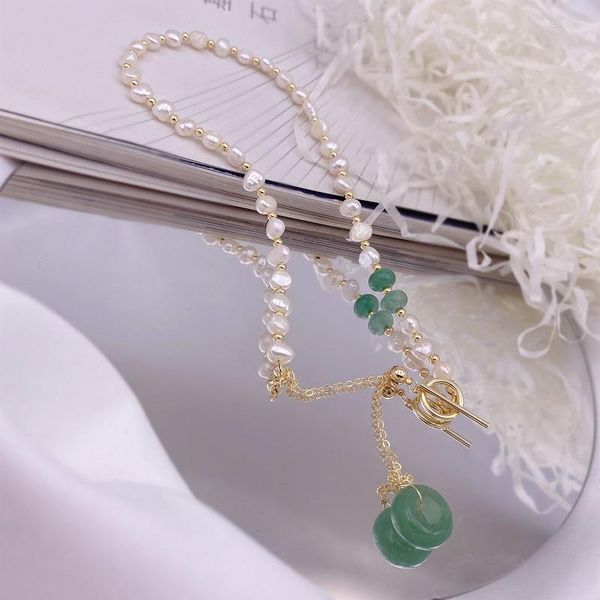 Pendentif colliers Minar Style chinois perle d'eau douce Long gland tour de cou pour les femmes vert pierre naturelle Hetian Jade collier
