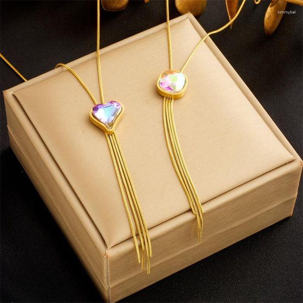 Collares colgantes Minar Fantasy AB Color Rhinestones Heart Cubes Long Borla para mujeres 18k Oro PVD Chapado Titanio Gargantilla de acero