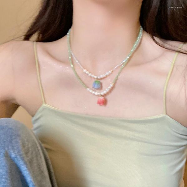 Pendentif colliers Minar fait à la main rose bleu couleur résine fleur de tulipe pour les femmes cristal simulé perle brin collier ras du cou