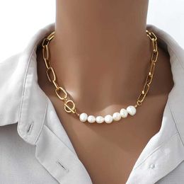 Colliers pendants Minar Hip Hop Rock Real Gold plaqué cuivre baroque Baroque Freshater Pearl Hollow Link Paperclip Chaîne Colliers pour femmes