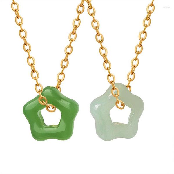 Collares pendientes Minar Retro Hollow Out Color verde Jade Flor de piedra natural para mujeres Gargantilla de acero inoxidable chapada en oro de 18K