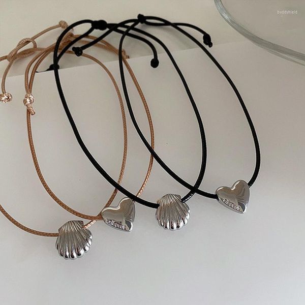Pendentif colliers Minar Simple couleur argent métal coeur coquille marron noir PU cuir corde chaîne collier ras du cou pour femmes dames