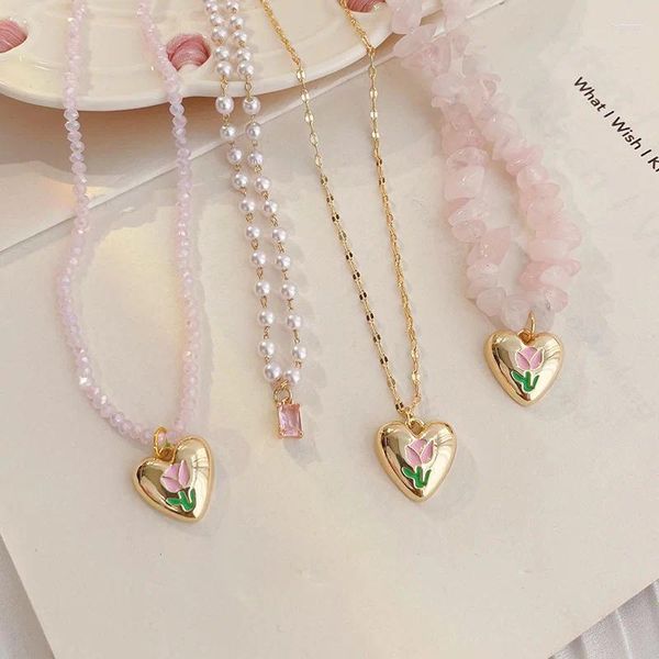 Collares colgantes Minar dulce esmalte múltiple tulipán flor corazón para mujeres perla de imitación rosa collar de gargantilla de cristal irregular