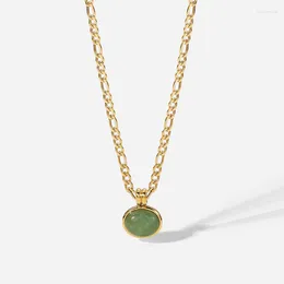 Pendentif Colliers Minar Texturé Couleur Vert Jade Pierre Naturelle Pour Femmes 14K Plaqué Or En Acier Inoxydable Ovale Collier Ras Du Cou