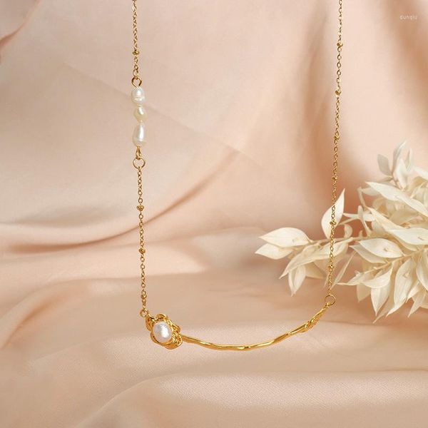 Collares colgantes Minar Vintage 18K Oro PVD Chapado Titanio Acero Blanco Perla simulada Metálico Rosa Flor Gargantilla para mujeres