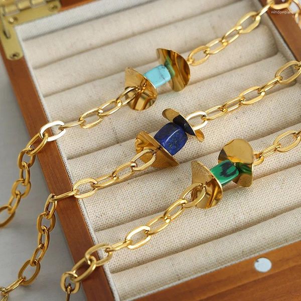 Pendentif Colliers Minar Vintage 18K Or PVD Plaqué Titane Acier Bleu Vert Pierre Naturelle Agate Rammel Cubes Collier Pour Femmes