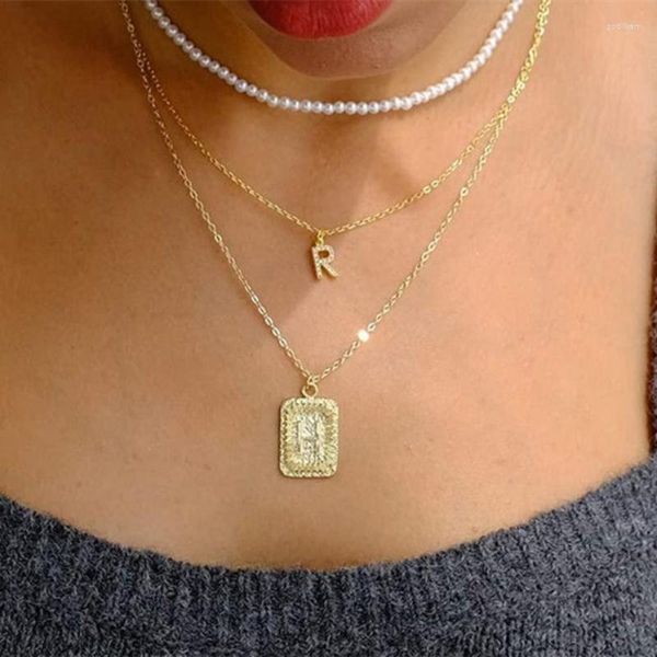 Collares pendientes Minar al por mayor brillante completo CZ Cubic Zirconia 26 letras para mujeres Femme 14K chapado en oro O-chain Gargantilla de latón