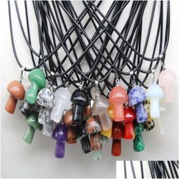 Mini champignon pierre naturelle sculpture pendentif Reiki cristaux de guérison Rose Quartz corde collier pour femmes bijoux entier Dh0Hc