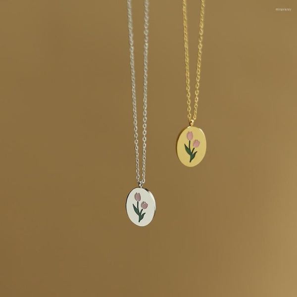 Collares pendientes MODAGIRL Esmalte Tulipán Collar de sello Acero inoxidable Chapado en oro Nacimiento Flor Floral Oval Mamá Regalo