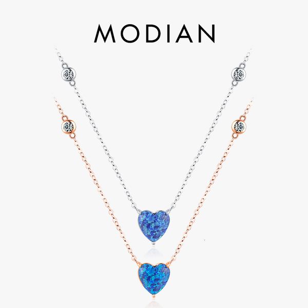 Pendentif Colliers Modian 925 Sterling Silver Eexquisite Blue Heart Opal Collier De Mode Or Rose Couleur Lien Chaîne Pour Les Femmes Fine Jewelry 230801