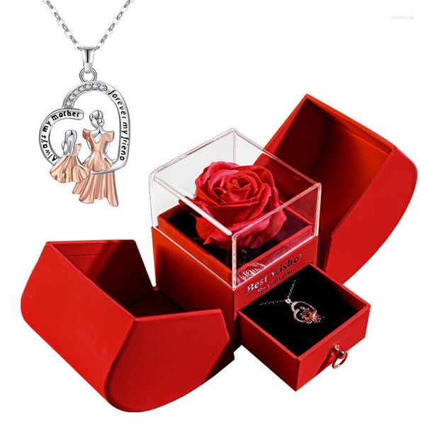 Collares colgantes Madre e hija Joyería a juego con flor rosa Caja de manzana Collar de corazón Regalo del día de la madre para mujer