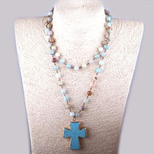 Hanger kettingen Moodpc Fashion Boheemse tribale ambachtelijke sieraden rozenkrans keten Amazoniet stenen Cross Necklace