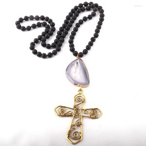 Colliers pendants Moodpc Fashion Bohemian Bijoux Lava Stone Long nouée Big Druzy Link Cross