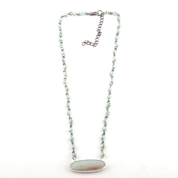 Pendentif Colliers MOODPC Bijoux De Mode 4mm Bleu Verre Chapelet Lien Chaîne Pierre Amazonite Charme Ras Du Cou Pour Femmes Collier Ethnique