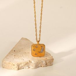 Colliers pendants Moon Star Cumbic Zirconia Collier en acier inoxydable 18K Bijoux en or carré zircon brillant