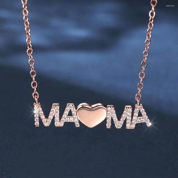Collares colgantes Día de la madre Carta de cumpleaños Mamá Clavícula para mujeres Color oro rosa Incrustación Blanco Zircon Amor Corazón Mamá Collar