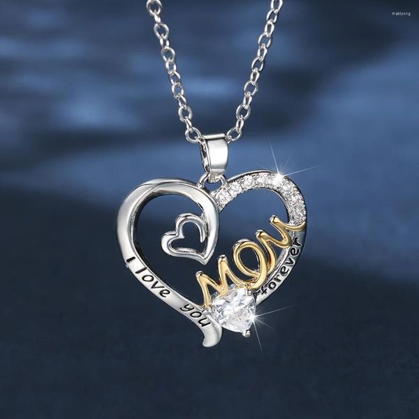 Pendentif Colliers Fête des Mères Creux Grand Coeur Lettre Maman Pour Femmes Blanc Zircon Argent Or Couleur Anniversaire Bijoux Cadeaux