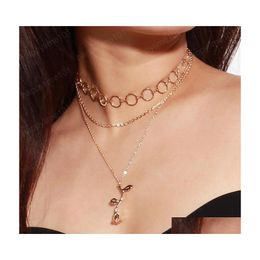 Hanger kettingen mti laag cirkel ring hanger ketting legering rozenbloem chokers vrouwen meisjes mode slangen ketens sieraden accessor dho9h