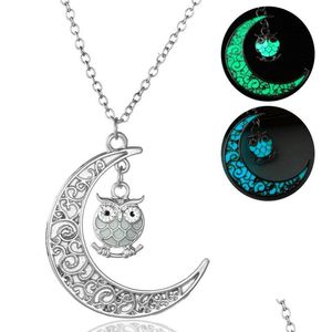 Collares pendientes Mticolor Luminous Owl Necklace Colgante Moon Glowing In The Dark Animal Charm Collares Joyería de moda para mujeres K Dhctw