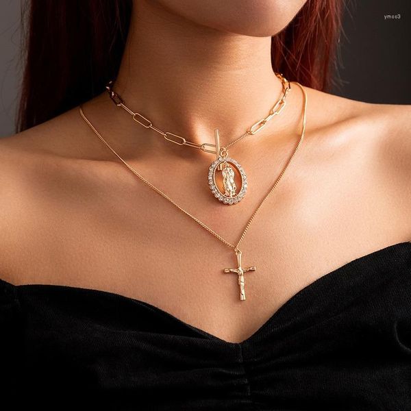 Colliers pendentifs Design multicouche chaîne en treillis diamant collier de caractère rond croix pull rétro
