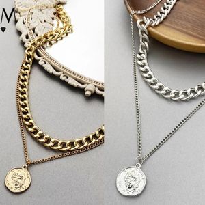 Hanger Kettingen Multi-layer Ketting Punk Curb Cubaanse Chunky Dikke Portret Choker Voor Vrouwen Vintage Gesneden Munt Ketting Jewelry3223