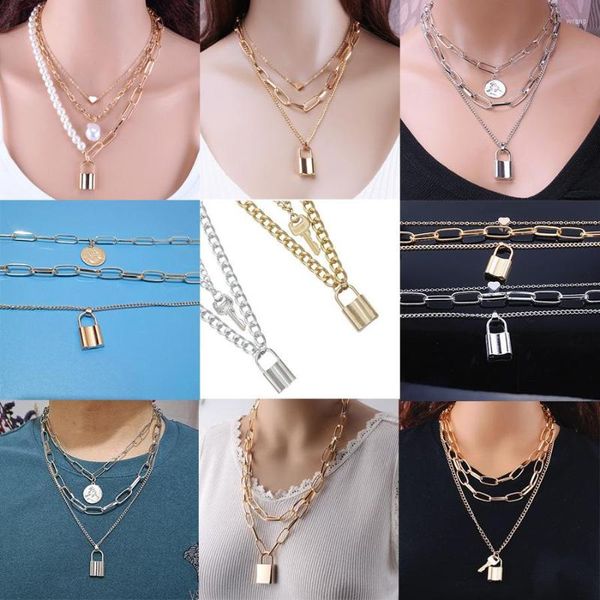 Pendentif Colliers Multicouche Rétro Femme Key Lock Coin Collier Gothtique Chunky Déverrouillable Longue Chaîne De Chandail Ras Du Cou Bijoux Exagérés