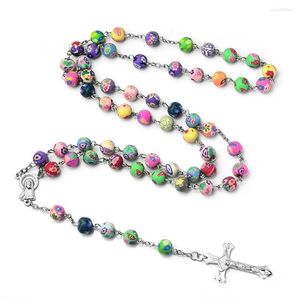 Pendentif Colliers Multicolore Perles En Argile Polymère Chapelet Croix Collier Pour Femmes INRI Crucifix Fimo Chaîne Femme Religion Bijoux