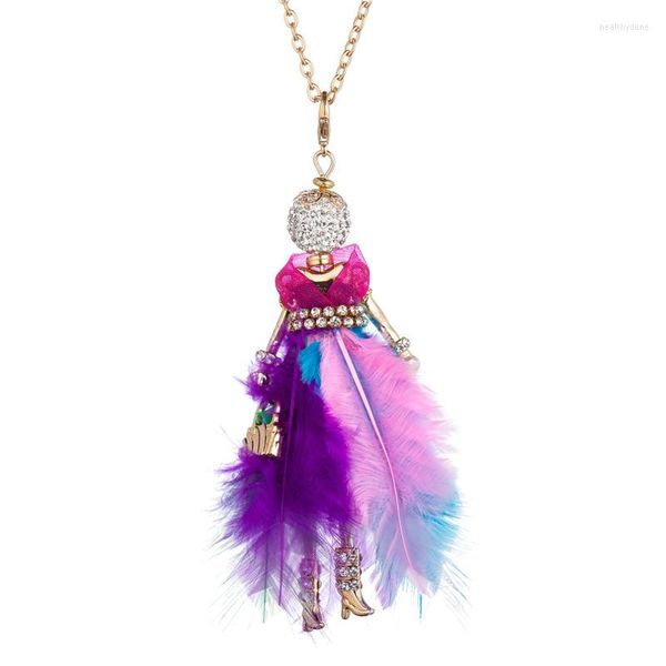 Collares colgantes Multicolor Rhinestone Pluma Vestido largo Muñeca Hecho a mano Francés París Chica Collares para mujeres Joyería Bijoux