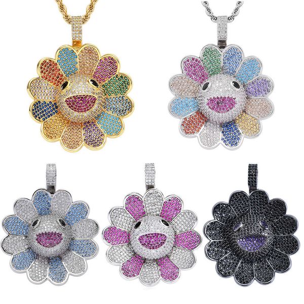 Colliers de pendentif Murakami Takashi Collier pendentif de tournesol coloré avec collier de filature de diamant complet à micro