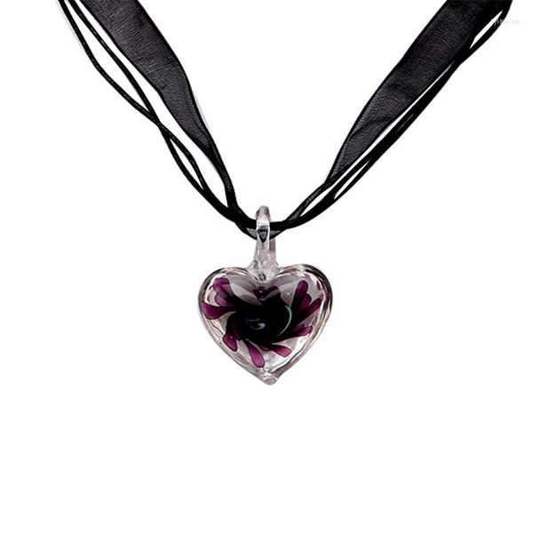 Pendentif Colliers Collier en Verre de Murano Coeur Violet Fleurs Ruban Chaîne