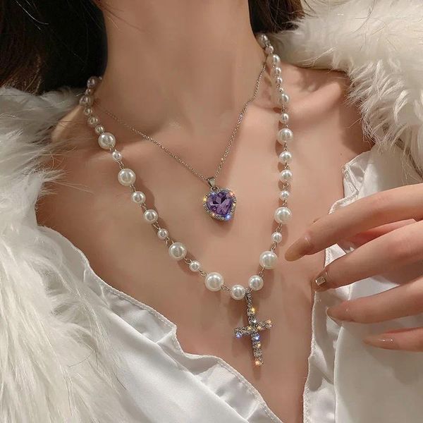 Pendentif Colliers Mwsonya Tendance Longue Perle Croix Pour Femmes Double Couche Violet Coeur Cristal Déclaration Bijoux