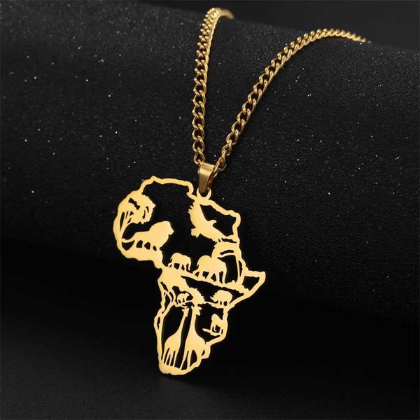 Collares colgantes My Shape África Mapa León Elefante Mono Jirafa Collares pendientes Hombres Mujeres Acero inoxidable Animal Cadena Gargantilla Joyería africana 240227