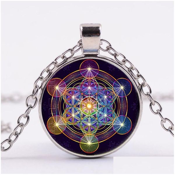 Collares pendientes Misterioso collar de cubo de Metatron Geometría sagrada Flor de la vida Colgantes de vidrio Hexagrama mágico Gargantilla Joyas para Un Dhqts