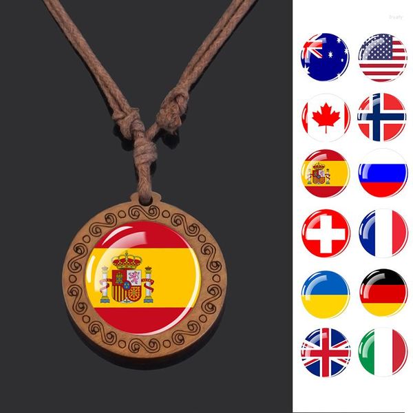 Collares pendientes Bandera Nacional Collar de madera Francia España Polonia Ucrania Reino Unido Rusia Joyería de vidrio Regalo de viaje