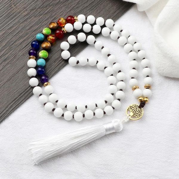 Pendentif Colliers Naturel 8mm Porcelaine Blanche Mala Perles Collier Tibétain Prière Chakra BraceletBangles Femmes Guérison Bijoux Cadeau