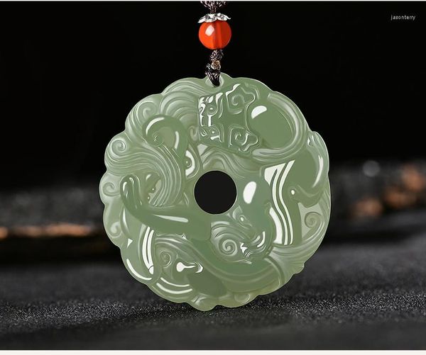 Collares pendientes Natural A Hetian Jade tallado dragón verde diseño único collar de jadeíta hombres joyería