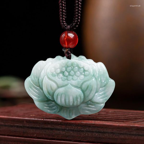 Pendentif Colliers Naturel Un Jade Vert Lotus Sculpté Collier Cadeau Bijoux Certificat