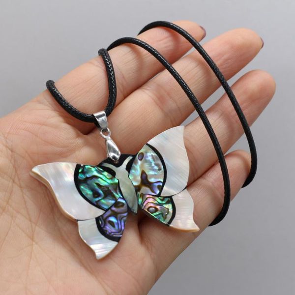 Pendentif colliers coquille d'ormeau naturel collier insecte papillon breloques en cuir corde tour de cou pour les femmes mode bijoux pendentif