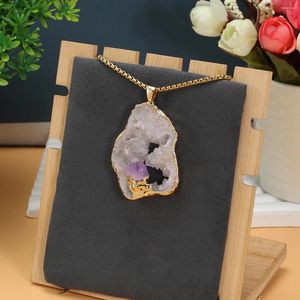 Pendentif Colliers Agate Naturel Quartz Geode Tranche Cristal Améthyste Incrusté Bord Plaqué Or Collier Creux Irrégulier Pour Femmes Bijoux