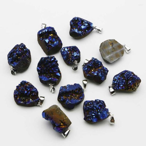 Pendentif Colliers Agate Naturelle Pierre Brute Électrolytique Bleu Cristal Cluster Charme Irrégulier Collier Accessoires Bijoux En Gros 15 pcs