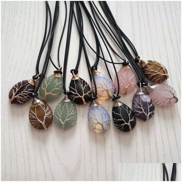 Pendentif Colliers Agate Naturelle Rose Quartz Cristal Pierre Fil Enroulé À La Main Arbre De Vie Goutte Or Sier Couleur Collier Livraison Juif Dhglu